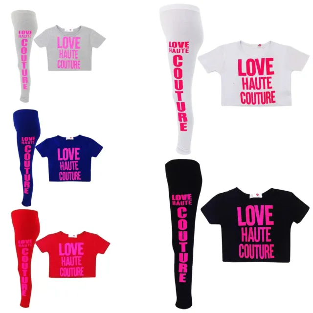 Kids Girls "LOVE HAUTE COUTURE " Print Crop Top T Shirt & Legging Set 7-13 Years