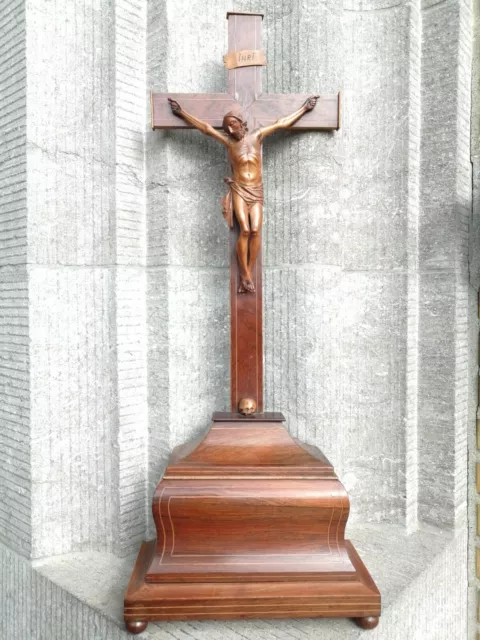 Big Antique French Altar Church Standing Carved Wood Crucifix Jesus Corpus Skull
