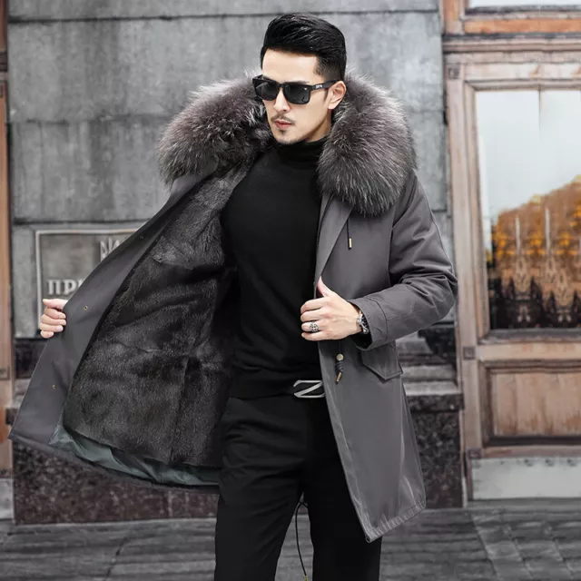 100% Real Mink Fur Lining Overcoat Mens Genuine Fox Fur Hooded Parka Warm Jacket