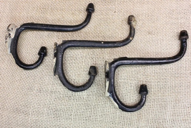 3 Old Coat Hooks School Farm House Vintage 1880’s Cone Tip Rustic Cast Iron