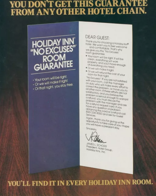 1983 Holiday Inn No Excuses Room Guarantee Card In Every Room Vtg Print Ad SI16