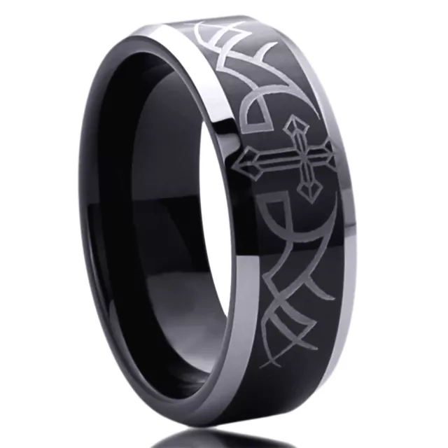 Men Women  Engraving 8MM Titanium Black Wedding Band Thorn With Cross Ring