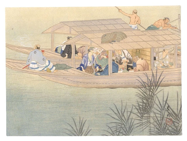 WB Chosyu Isoda Japanese Woodblock Prints Antique Ukiyo-e Sumida River Houseboat