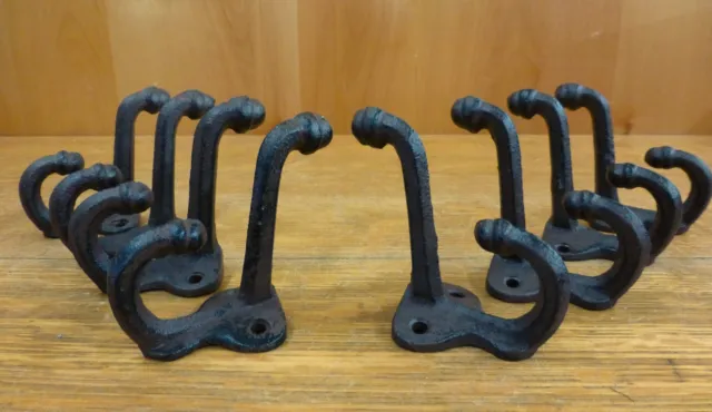 8 BROWN ANTIQUE-STYLE DOUBLE SCHOOL COAT HOOKS RUSTIC CAST IRON 3" wall hardware