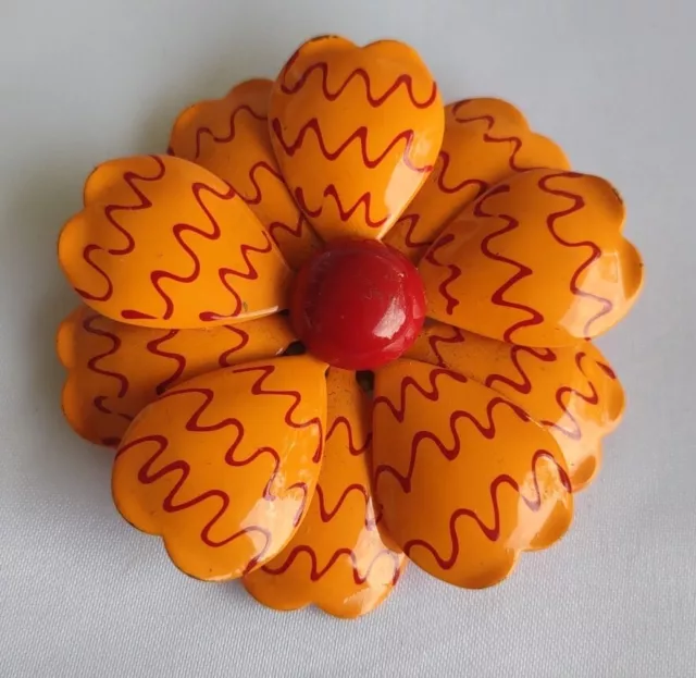 VINTAGE Orange ENAMEL FLOWER PIN BROOCH With Squiggly Red Accents Unbranded