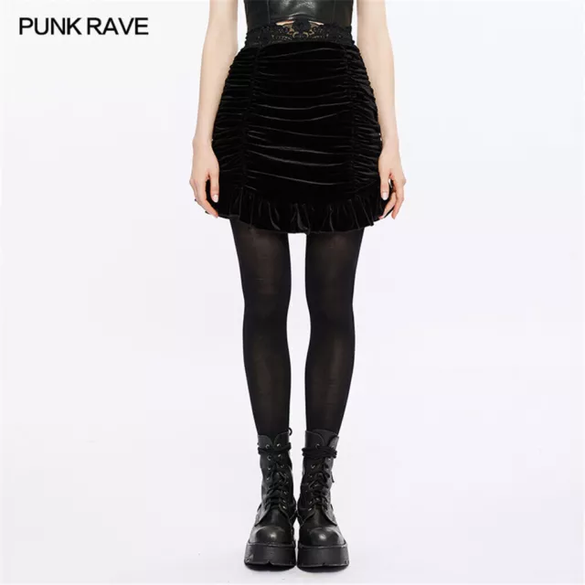 Punk Rave Gothic Lace Drawstring Sheath Skirt Retro Velvet Ruffled Hem Miniskirt