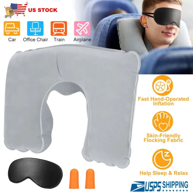 Portable Inflatable Flight Pillow U-Shape Neck Pillow Cushion w/Eye Mask Earplug