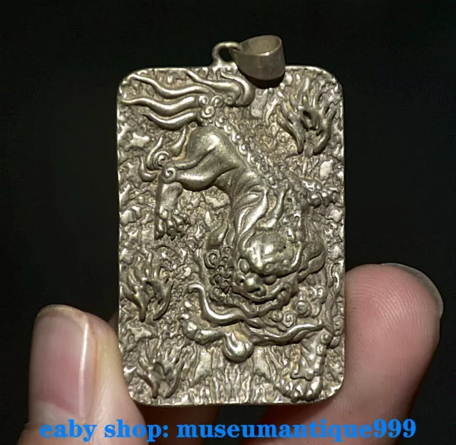 1.8'' Rare Ancient China Silver Feng Shui Pi Xiu Beast Card Pendant Amulet