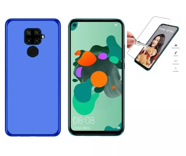 Funda Huawei MATE 30 LITE (6.26) AZUL TPU GEL SILICONA LISA + CRISTAL COMPLETO