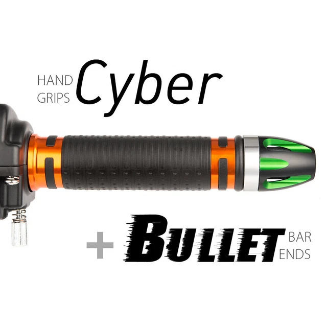 KiWAV Motorcycle Cyber Grips Orange with Bullet Bar Ends Green/Silver
