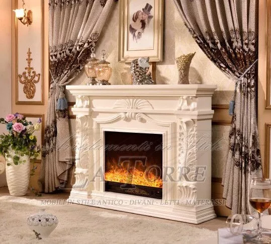 Camino elettrico Kamin fireplace legno massello Barocco Inglese avorio 327b 3