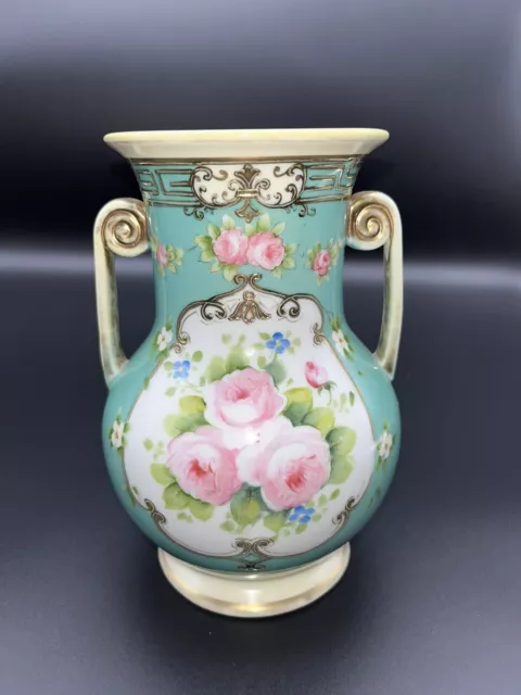 Antique 19th Century Nippon Hand Painted Teal Vase Roses 7” Greek Neck Morimura