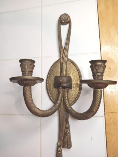 Vintage Pair Brass Candle Holders Wall Gold  Double Sconce Rococo Castle Style