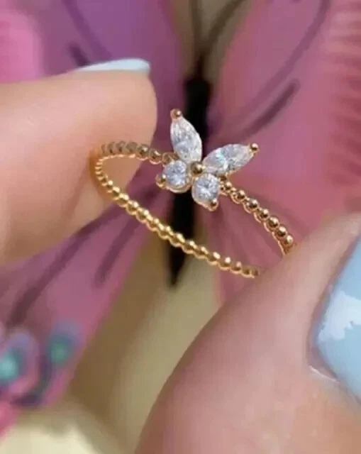 1.0Ct Round Cut Real Moissanite Butterfly Engagement Ring 14K Yellow Gold Plated