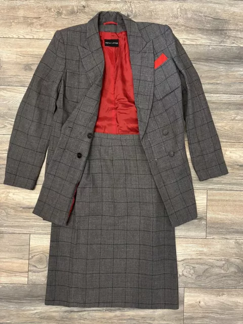 Rena Lange Women’s Gray Black Jacket Blazer, Skirt Suit Set Wool Size US 10