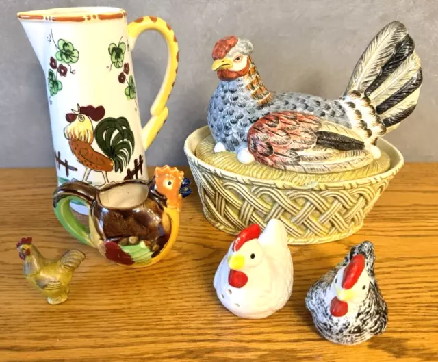 Lot of 6 Vintage Ceramic Chicken Kitchen Items Planters Farmhouse Country FLAWED