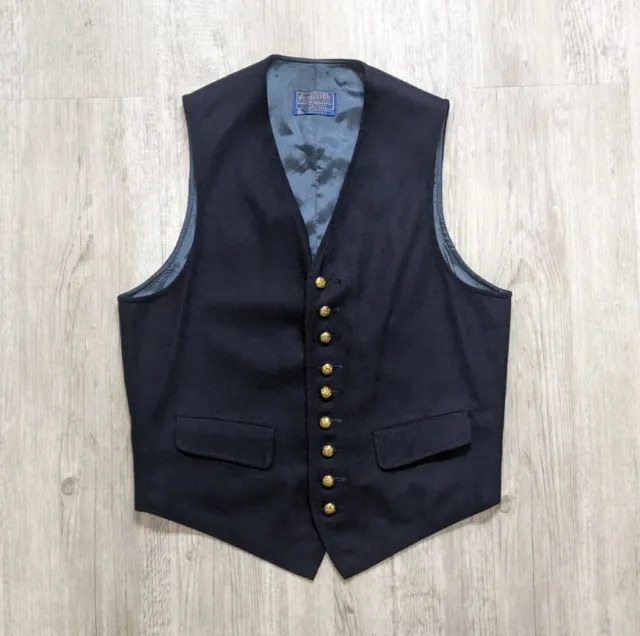 Vintage Men's Pendleton Virgin Wool Vest Metal Buttons Satin Lined 38 Navy Blue