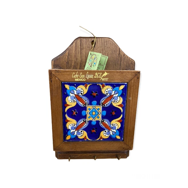 El Viejo Arte Cabo Mexico Tile Wood Mail Key Hook Holder Folk Art