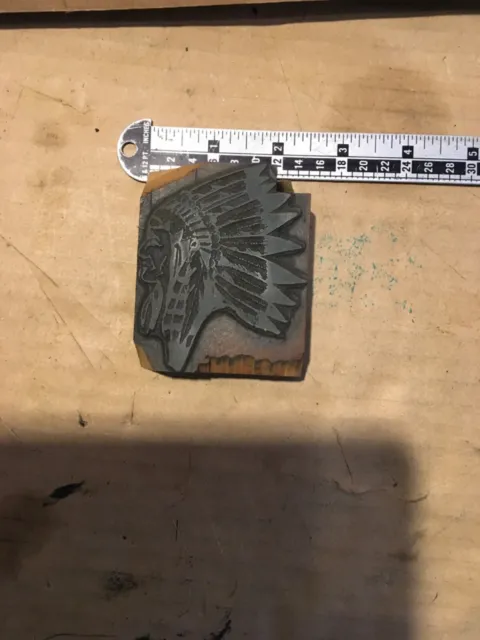 Used Vintage Indian Chief with Head Dress Letterpress Printing Cut, Stamp.