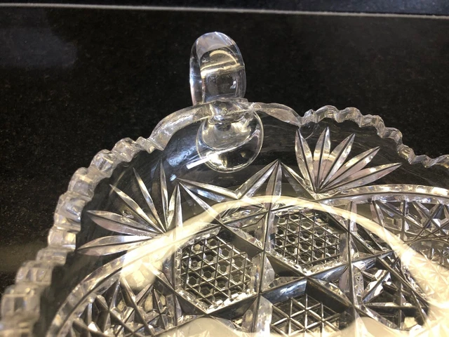 Vintage American Brilliant Cut Glass Crystal Sugar Bowl Sawtooth Edge 2 Handles 5