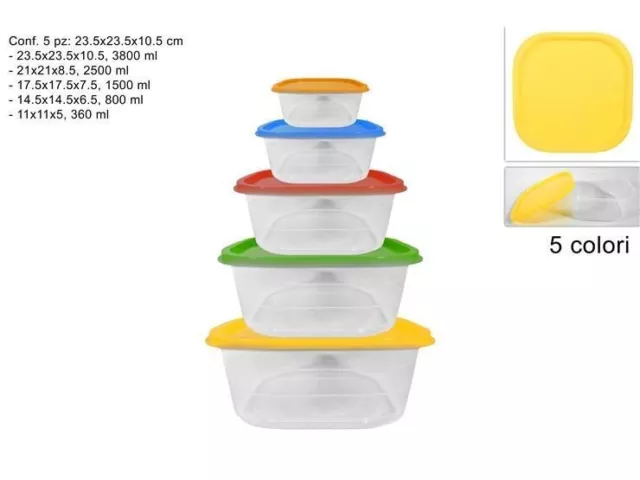 Set 5 Pz Contenitori In Plastica Quadrati Con Coperchio Per Alimenti dfh