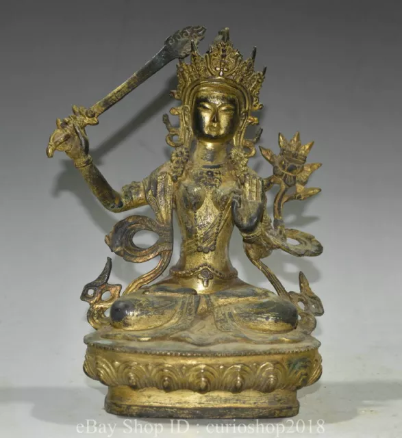 8.4 " Old Tibet Buddhism Bronze Gilt Wenshu Manjushri Buddha Lotus Statue