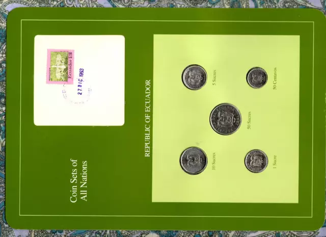 Coin Sets of All Nations Ecuador w/card All 1988 but 50 Sucres 1991 UNC 27DEC93