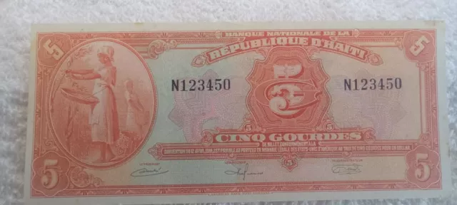 Haiti 5 Gourdes L 1919 1964 P187 P-187 Haiti  Au-Unc  Banknote