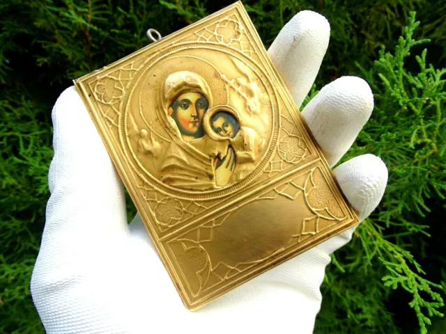 Antique Russian Orthodox Traveling  Icon Virgin Mary Litho print Tin Oklad
