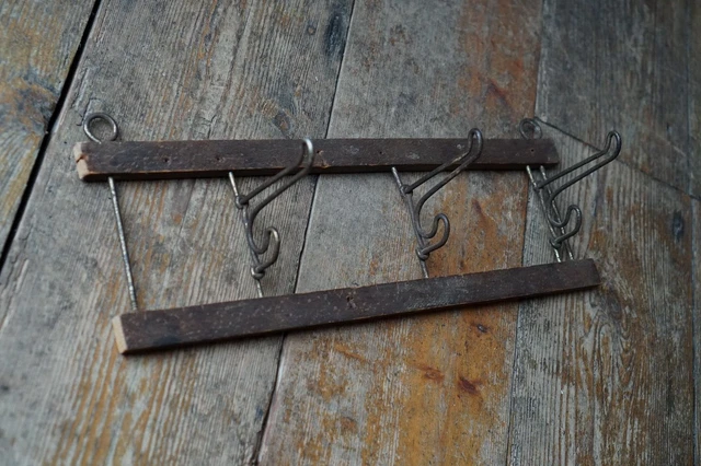 Vintage Wood & Wire Coat Rack Hanging Folding Hooks Antique