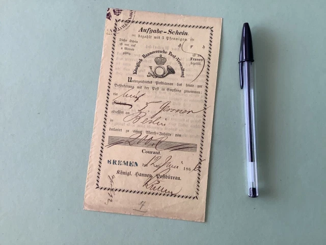 Kingdom of Hanover 1866 Bremen postal deposit certificate Ref A1564