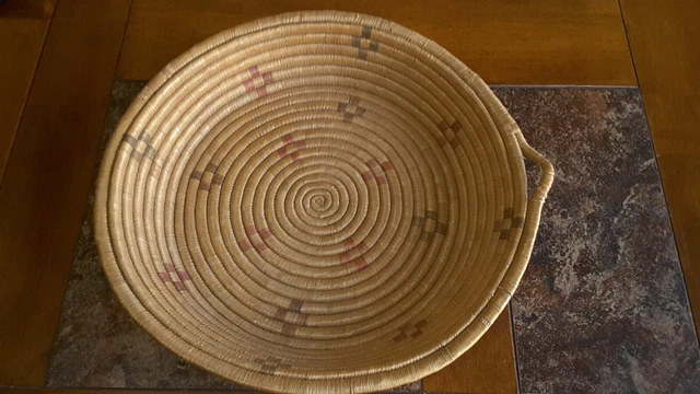 Alaskan Eskimo Grass Coiled Low Bowl Basketry Basket, 1940's