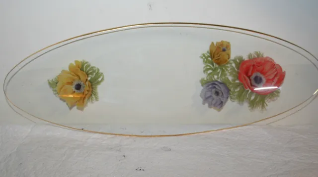 Vtg Long Oval Glass Relish Condiment Tray Candy Dish Poppy Flowers Gold Edge