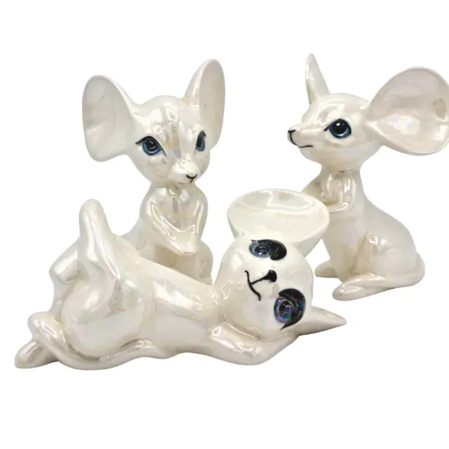 Vintage Ceramic Hand Painted White Mice Figurines Iridescent Glaze Set of 3