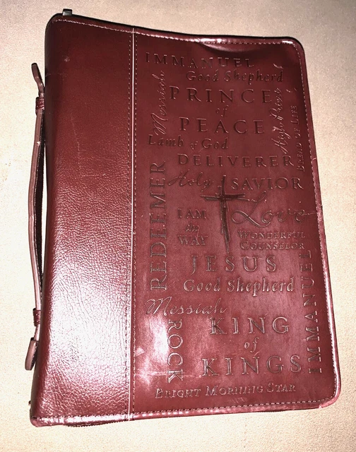Men's Classic Bible Cover Case Names of God Brown Faux Leather L Large