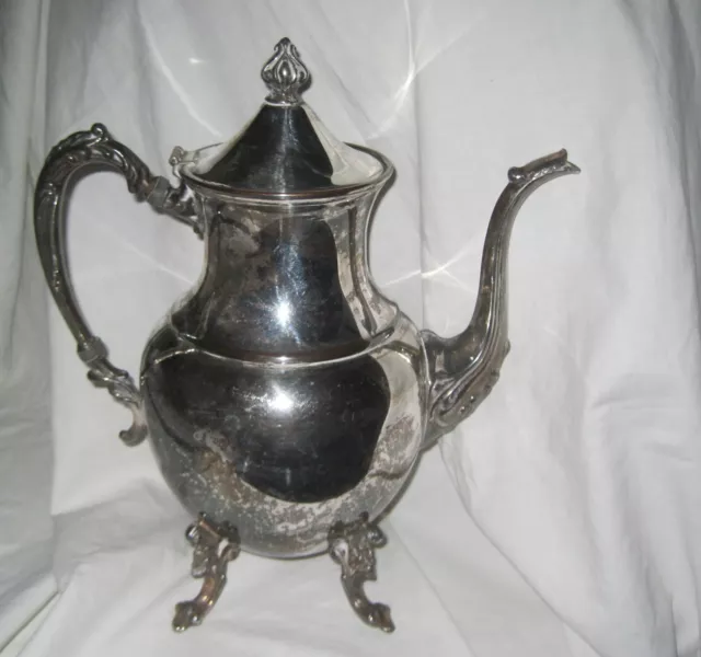 Vintage 4 Leg Lidded Teapot, Coffee Pot  Scrolled Floral Design Silver on Copper