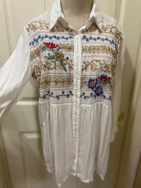 Krista Lee XL Boho Embroidered Beaded Sequined Smock Button Front Blouse