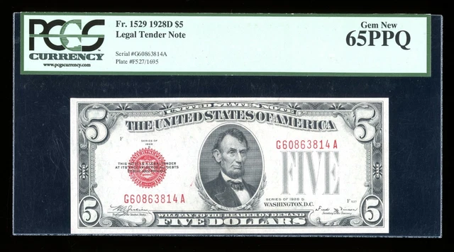DBR 1928-D $5 Legal Fr. 1529 Vinson Gem GA Block PCGS 65 PPQ Serial G60863814A