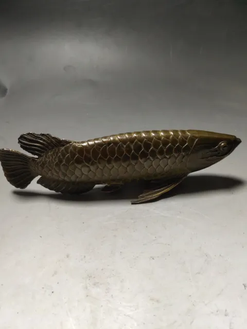 Chinese Old Copper Handmade carven Arowana fish Exquisite statue