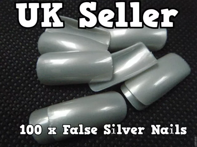 100 x SILVER GREY FALSE FAKE FRENCH FULL COVER NAILS 10 SIZES MAKE UP UK SELLER