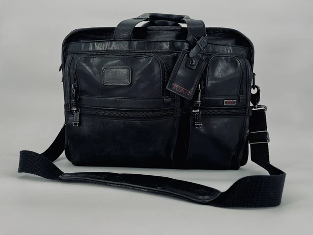 TUMI 96160DH ALPHA - Black Leather Expandable Laptop Briefcase Messenger Bag