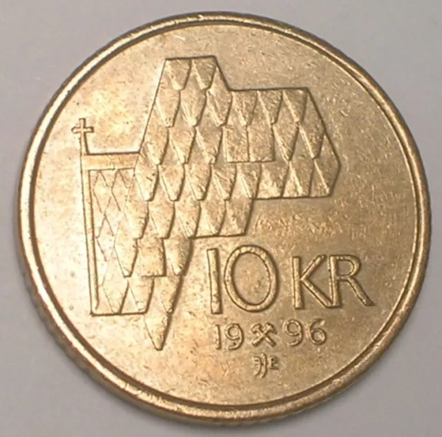 1996 Norway Norwegian 10 Kroner Harald V Stylized Church Coin VF+