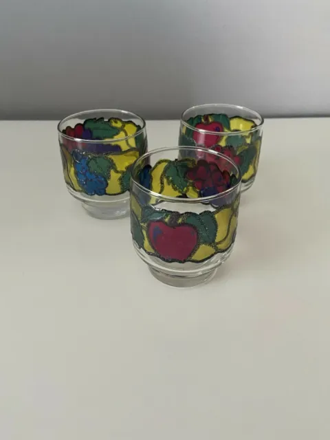 Vintage Libbey Stained Glass Juice Lowball Glasses Fruit Pattern set of 3