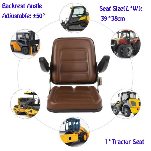 PU+Sponge Tractor Seat W/Armrest For Dumper Forklift Mower Digger Backhoe Brown
