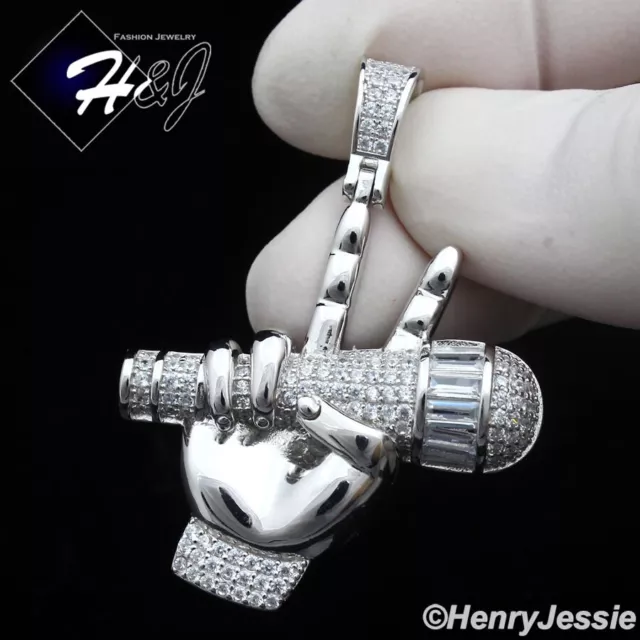 Men 925 Sterling Silver Icy Bling Baguette Cz 3D Microphone Hand Pendant*Sp408