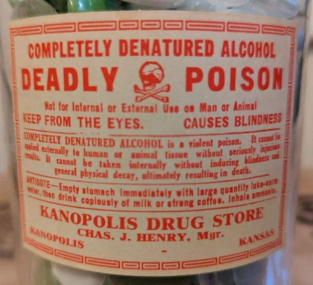 DEADLY POISON Denatured Alcohol Apothecary Jar Kanopolis Drug Store Kansas 2