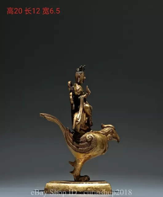 8" Chinese Bronze 24K Gold Gilt Buddhism Riding Bird Guan Yin Bodhisattva Statue