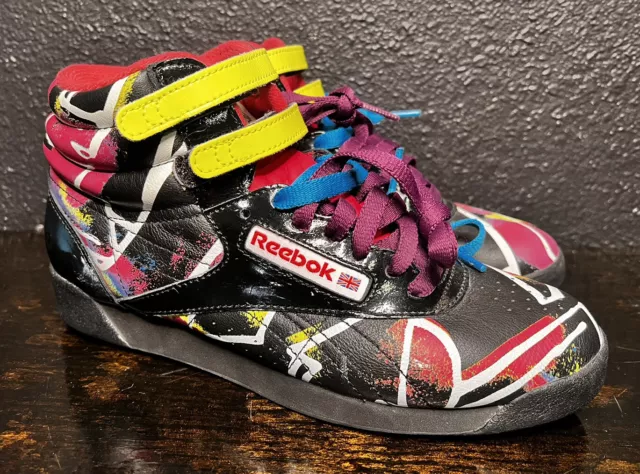 Women’s REEBOK Freestyle Hi Top Black Pink Graffiti Aerobic Sneakers Shoes 6.5