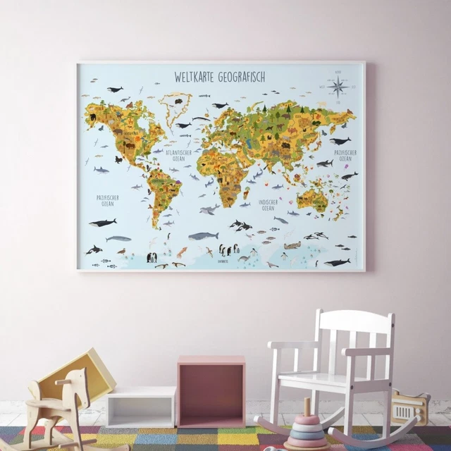 Adesivo Muro Mappa Mondo Animali - Decorazione Camera Bambini, Asilo, Soggiorno, Versione Inglese - Foto 4