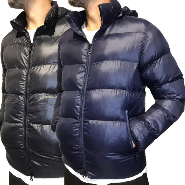 Giubbotto Uomo Invernale Nero Blu Piumino Imbottito Cappuccio mod removibile